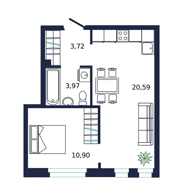 Новая 1-к квартира
 38.7 м² на 6/19 этаже в ЖК «Норден» в городе Тюмень 