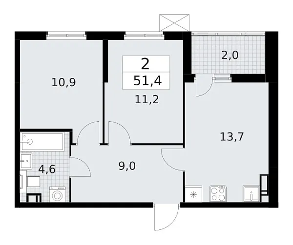 Новая 2-к квартира
 51.4 м² на 9/12 этаже в ЖК «А101 Лаголово» в городе Тюмень 