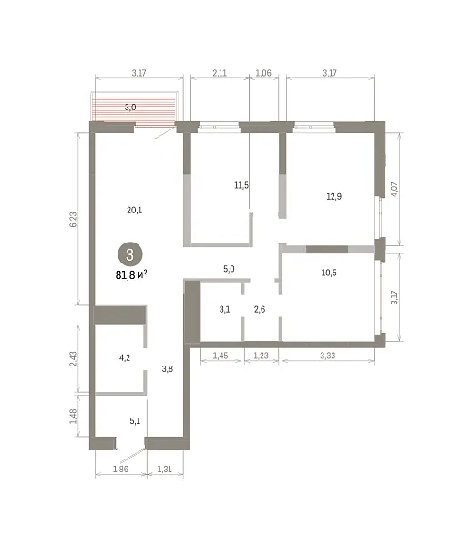 Количество комнат: 3,  81.8 кв.м.