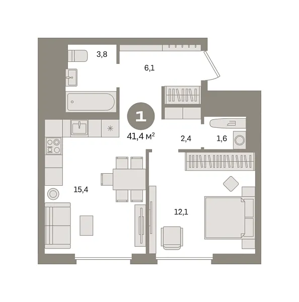 Новая 1-к квартира
 41.4 м² на 15/30 этаже в ЖК «Квартал Герцена» в городе Тюмень 