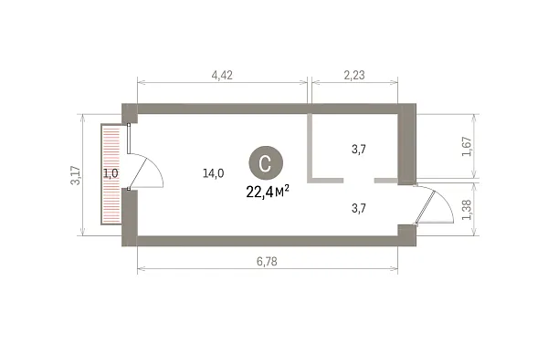 Количество комнат: Студия,  22.42 кв.м.