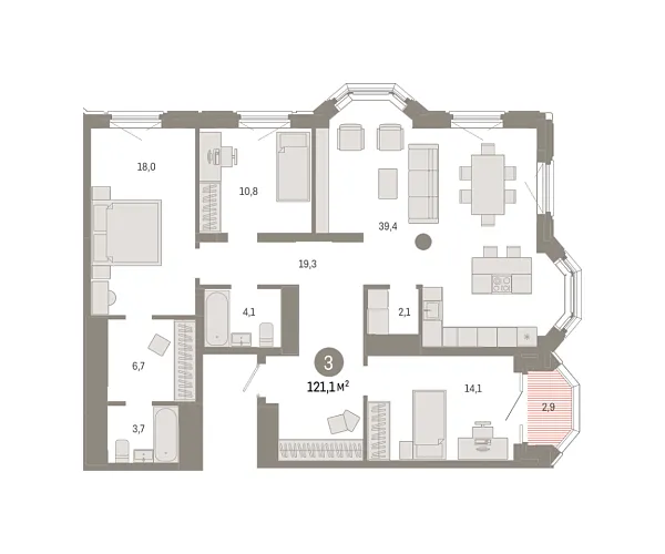 Новая 3-к квартира
 121.1 м² на 16/24 этаже в ЖК «На Некрасова» в городе Тюмень 