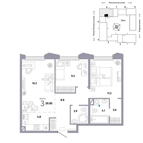Новая 3-к квартира
 59.9 м² на 30/30 этаже в ЖК «Страна.Озёрная» в городе Тюмень 