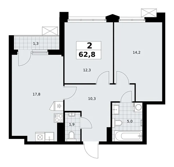 Новая 2-к квартира
 62.8 м² на 14/16 этаже в ЖК «Деснаречье» в городе Тюмень 