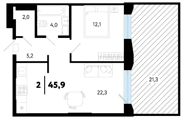 Новая 1-к квартира
 45.91 м² на 1/5 этаже в ЖК «Кедровый берег» в городе Тюмень 