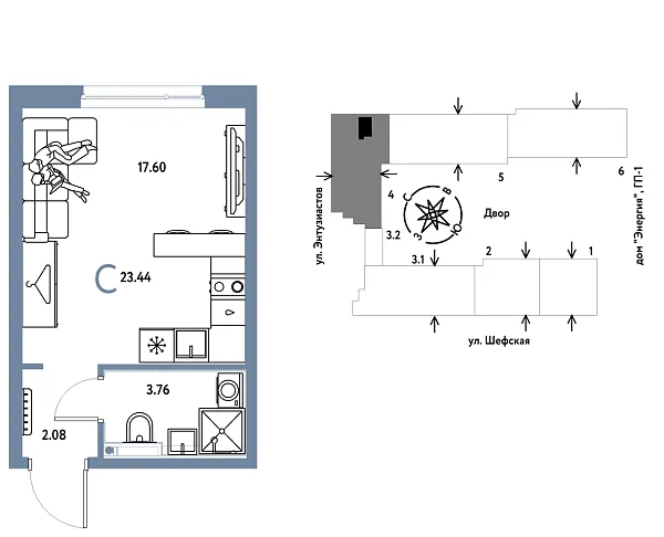 Новая квартира-студия
 23.44 м² на 24/24 этаже в ЖК «Страна.Энтузиастов» в городе Тюмень 