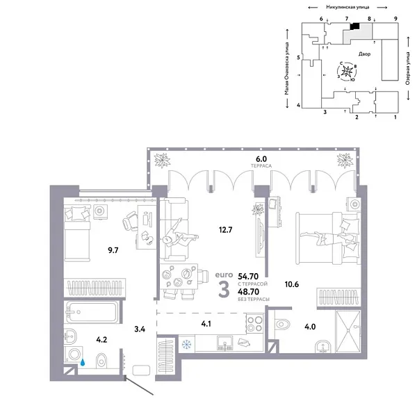 Новая 3-к квартира
 54.7 м² на 8/30 этаже в ЖК «Страна.Озёрная» в городе Тюмень 
