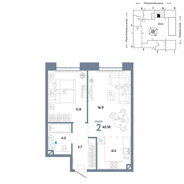Новая 2-к квартира
 45.1 м² на 7/30 этаже в ЖК «Страна.Озёрная» в городе Тюмень 