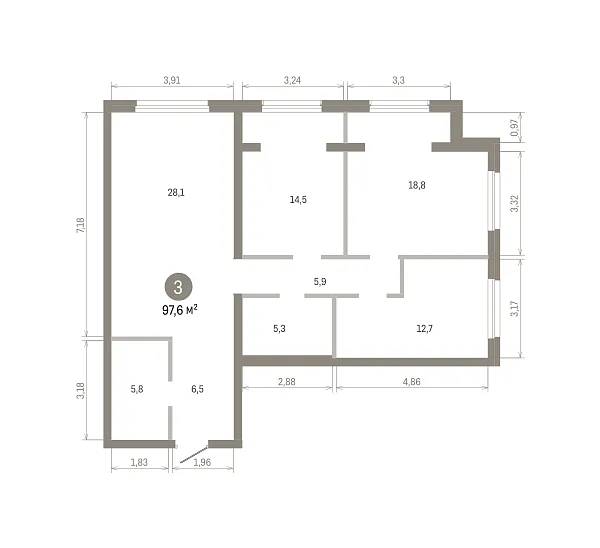 Количество комнат: 3,  97.59 кв.м.