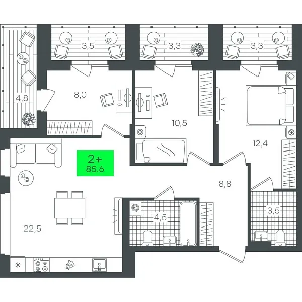 Новая 2-к квартира
 85.63 м² на 9/22 этаже в ЖК «Гранд Квартал» в городе Тюмень 