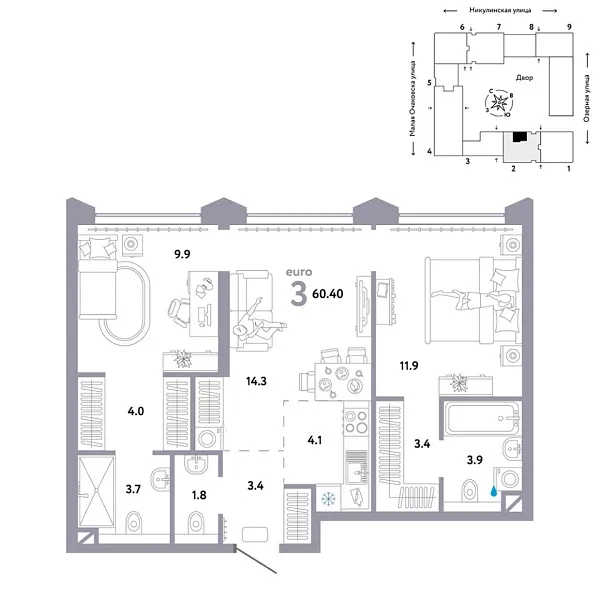 Новая 3-к квартира
 60.4 м² на 25/30 этаже в ЖК «Страна.Озёрная» в городе Тюмень 