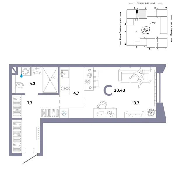 Новая квартира-студия
 30.4 м² на 20/30 этаже в ЖК «Страна.Озёрная» в городе Тюмень 