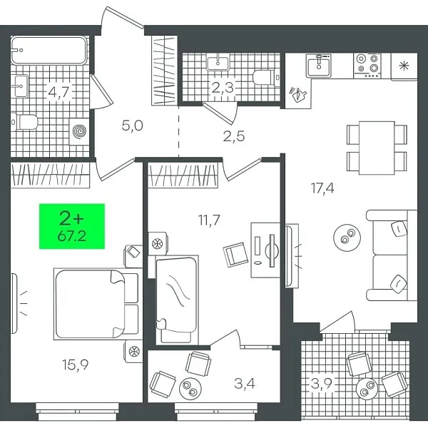 Новая 2-к квартира
 67.26 м² на 1/22 этаже в ЖК «Гранд Квартал» в городе Тюмень 