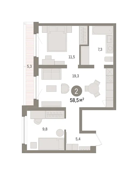 Новая 2-к квартира
 58.47 м² на 7/8 этаже в ЖК «Зарека» в городе Тюмень 