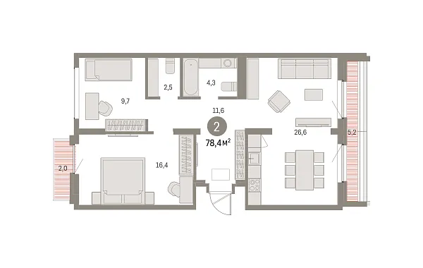 Новая 2-к квартира
 78.36 м² на 7/8 этаже в ЖК «Брусника в Академическом» в городе Тюмень 