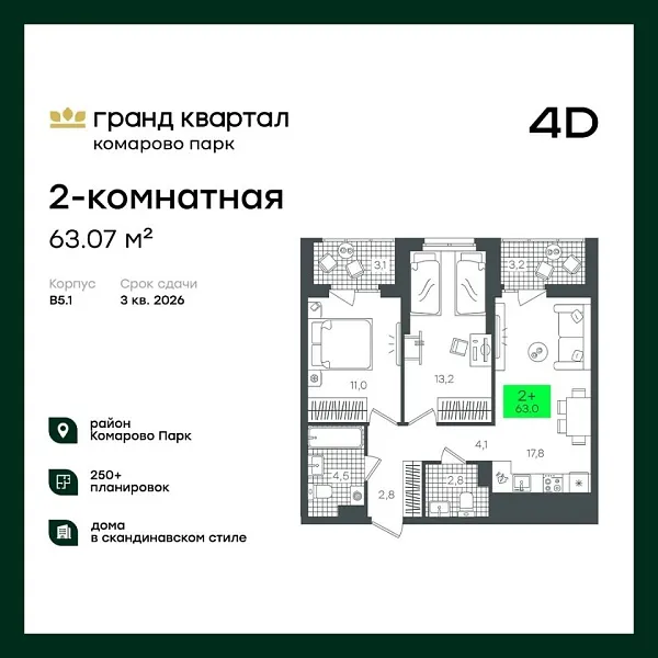 Новая 2-к квартира
 63.07 м² на 17/22 этаже в ЖК «Гранд Квартал» в городе Тюмень 