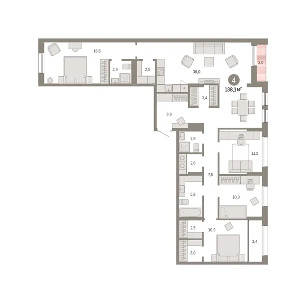 Новая 4-к квартира
 138.11 м² на 4/15 этаже в ЖК «Республики 205» в городе Тюмень 
