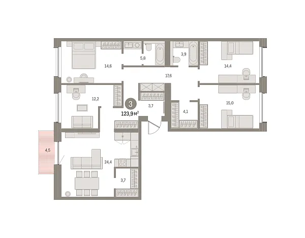 Новая 4-к квартира
 127.62 м² на 3/10 этаже в ЖК «Северный ветер» в городе Тюмень 