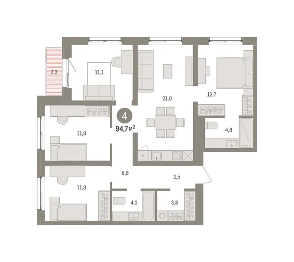Новая 4-к квартира
 94.7 м² на 5/15 этаже в ЖК «Южные кварталы» в городе Тюмень 