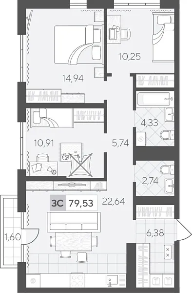 Новая 3-к квартира
 79.53 м² на 3/17 этаже в ЖК «Скандиа. Квартал в Комарово Парк» в городе Тюмень 