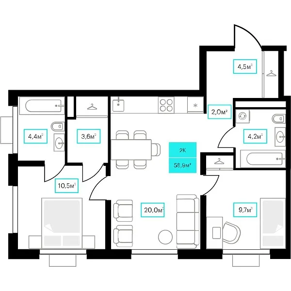 Количество комнат: 2,  58.9 кв.м.