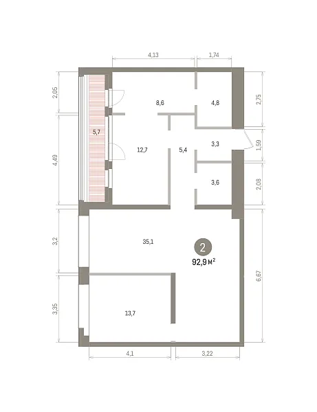 Количество комнат: 2,  92.9 кв.м.