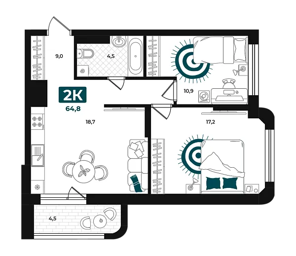 Новая 2-к квартира
 64.8 м² на 3/23 этаже в ЖК «Добро» в городе Тюмень 