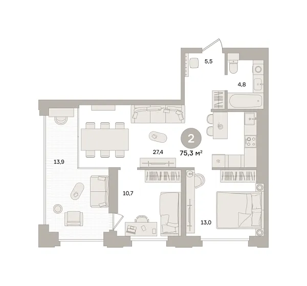 Новая 2-к квартира
 75.28 м² на 16/24 этаже в ЖК «Квартал «МОНС»» в городе Тюмень 