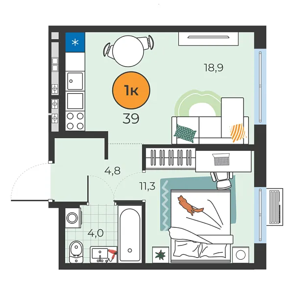 Новая 1-к квартира
 39 м² на 2/25 этаже в ЖК «Корней» в городе Тюмень 