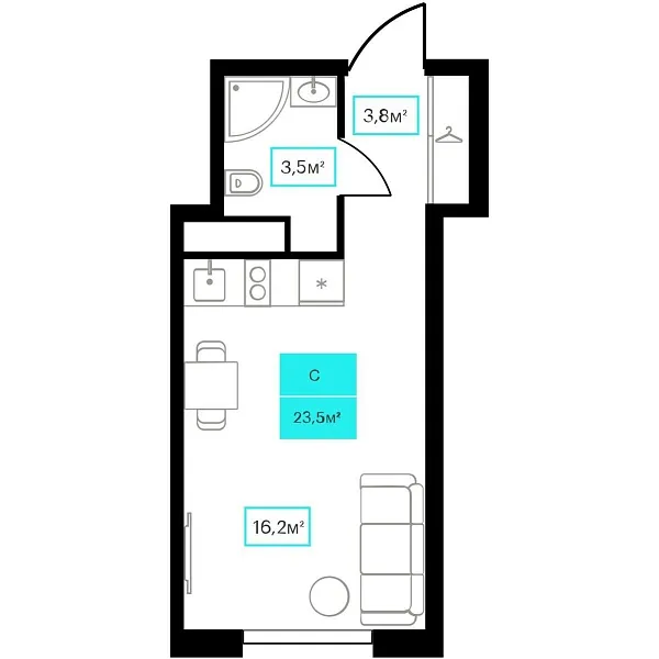 Количество комнат: Студия,  23.5 кв.м.