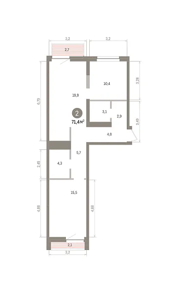 Количество комнат: 2,  71.4 кв.м.