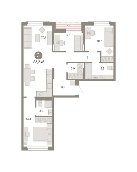 Новая 3-к квартира
 83.24 м² на 5/9 этаже в ЖК «Октябрьский на Туре» в городе Тюмень 