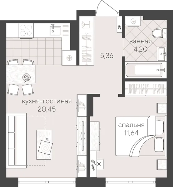 Новая 1-к квартира
 41.65 м² на 4/4 этаже в ЖК «Скандиа. Квартал у Озера» в городе Тюмень 