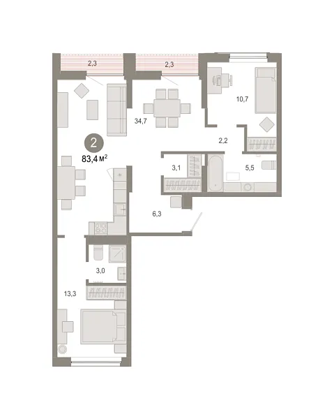 Новая 2-к квартира
 83.39 м² на 4/9 этаже в ЖК «Октябрьский на Туре» в городе Тюмень 