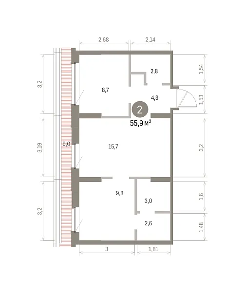Количество комнат: 2,  55.88 кв.м.