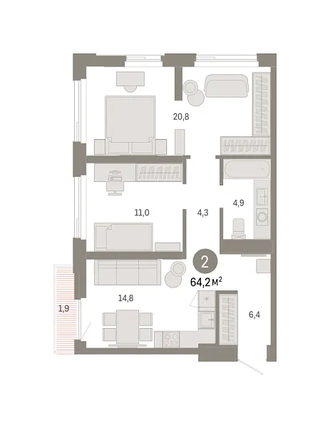 Новая 2-к квартира
 64.19 м² на 11/25 этаже в ЖК «Зарека» в городе Тюмень 