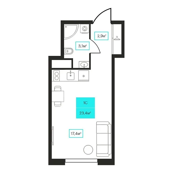 Количество комнат: Студия,  23.4 кв.м.