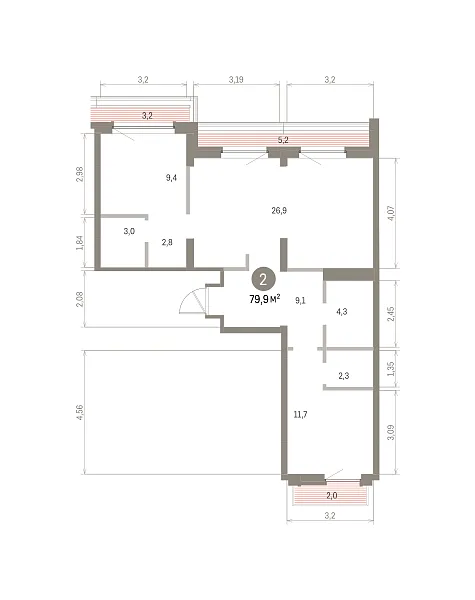 Количество комнат: 2,  79.92 кв.м.