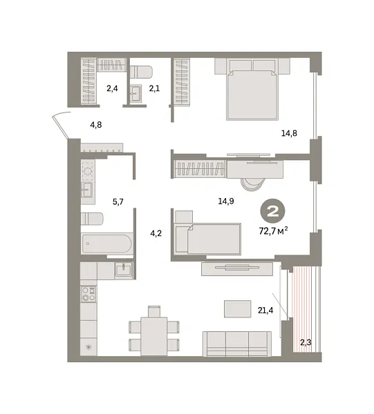Новая 2-к квартира
 72.72 м² на 10/16 этаже в ЖК «Квартал «Депо»» в городе Тюмень 