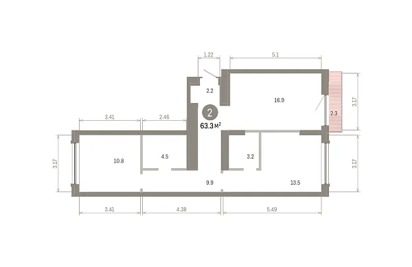Количество комнат: 2,  63.33 кв.м.