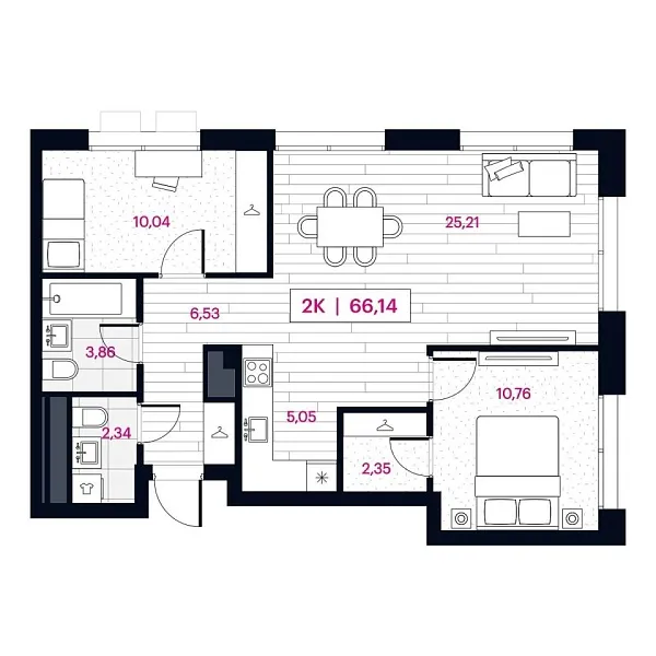Новая 2-к квартира
 66.22 м² на 4/16 этаже в ЖК «Пушкина» в городе Тюмень 