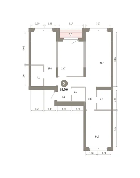 Количество комнат: 3,  92.02 кв.м.