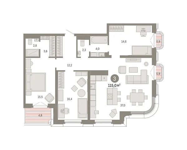 Новая 3-к квартира
 115 м² на 6/9 этаже в ЖК «На Некрасова» в городе Тюмень 