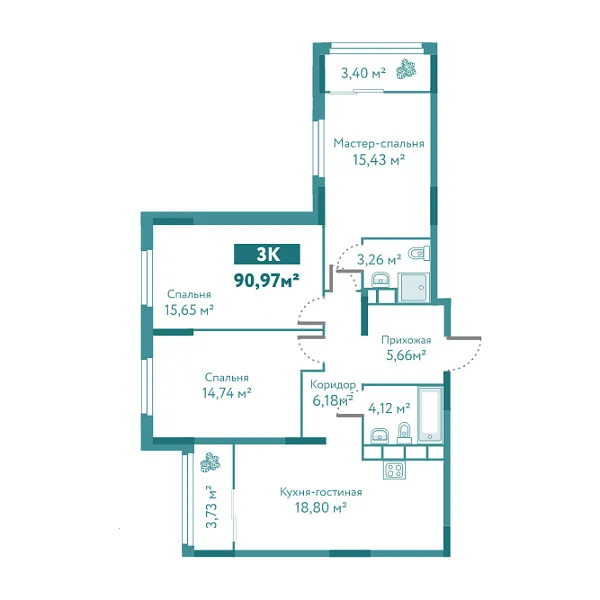 Новая 3-к квартира
 90.97 м² на 6/10 этаже в ЖК «Акватория» в городе Тюмень 