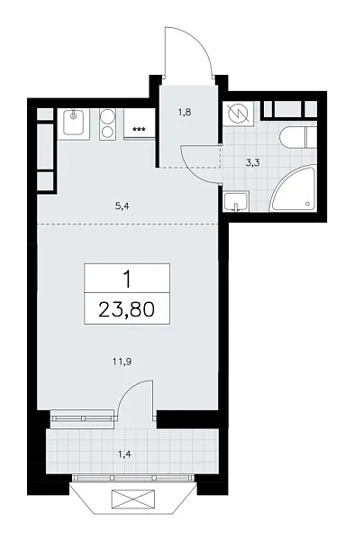Новая 1-к квартира
 23.7 м² на 15/16 этаже в ЖК «Бунинские кварталы» в городе Тюмень 