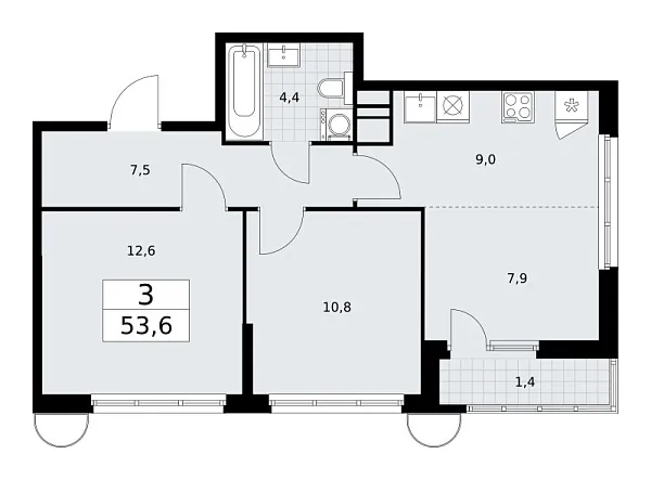 Новая 3-к квартира
 53.6 м² на 9/10 этаже в ЖК «Родные кварталы» в городе Тюмень 
