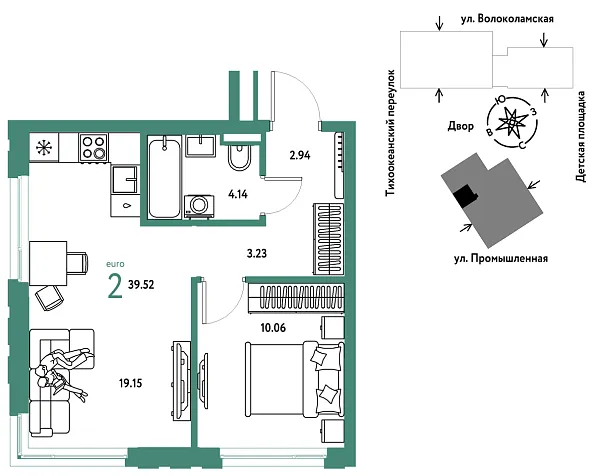 Новая 2-к квартира
 39.52 м² на 19/20 этаже в ЖК «Страна.Прибрежная» в городе Тюмень 