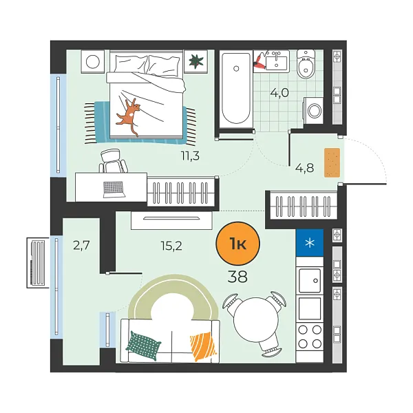 Новая 1-к квартира
 35.3 м² на 6/25 этаже в ЖК «Корней» в городе Тюмень 