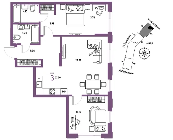 Новая 3-к квартира
 77.3 м² на 28/29 этаже в ЖК «Страна.Береговая» в городе Тюмень 