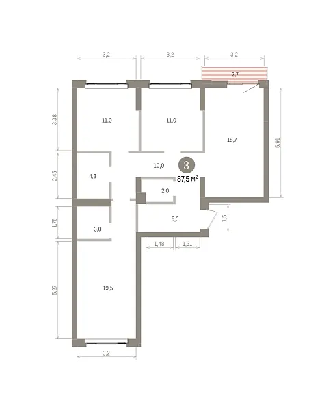 Количество комнат: 3,  87.5 кв.м.